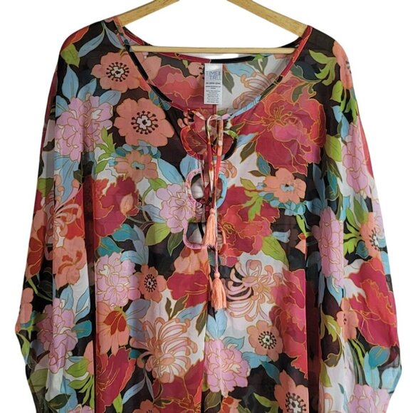 Time and Tru Swim Cover Up Multicolor Size 20 2X Sheer Floral Lace Up Pullover - Picture 2 of 5